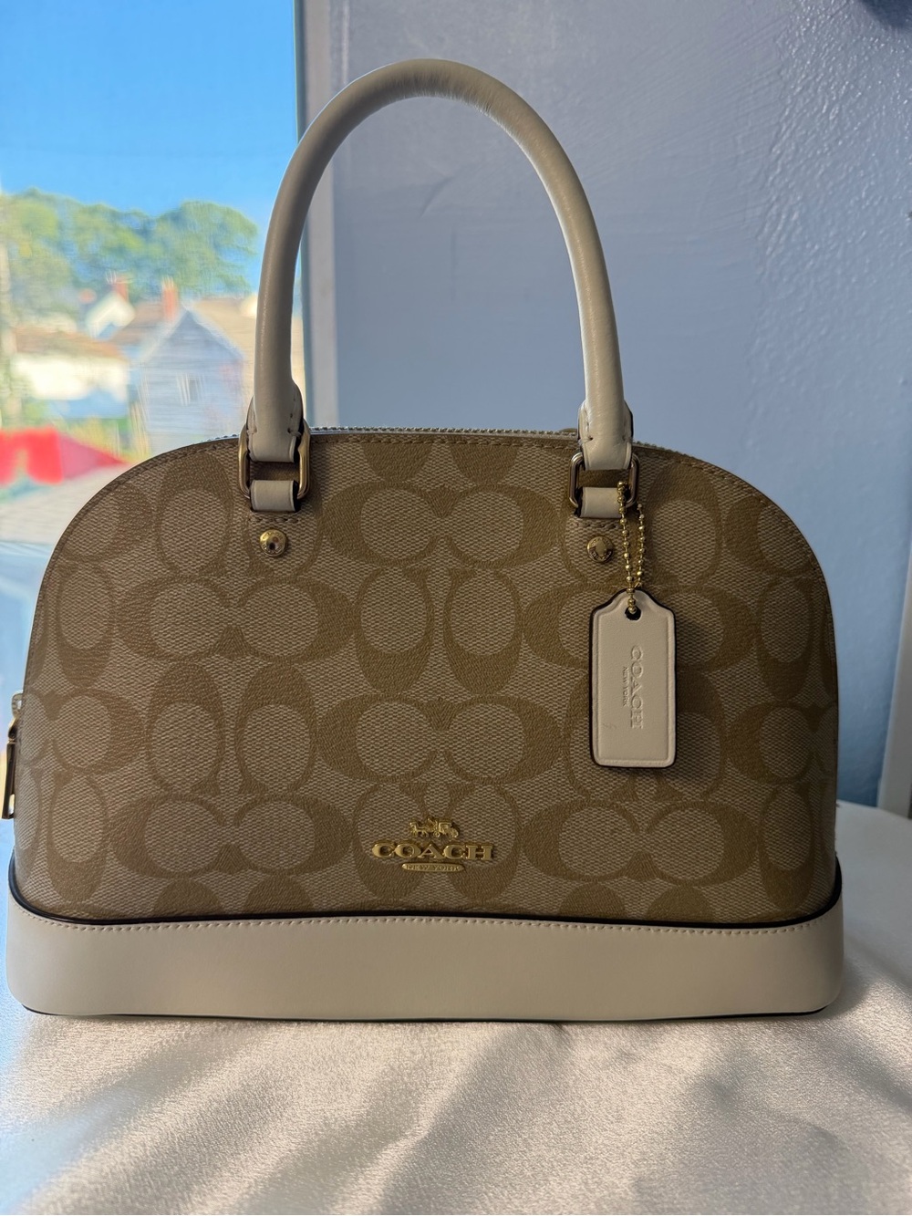 Coach Khaki Monogram Dome Satchel with Chalk Trim